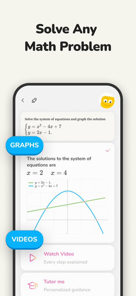 Studdy: AI Tutor & Math Solver - Studdy app interface showing a solved system of equations with a visual graph and video tutorial buttons