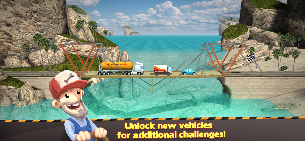 Bridge Constructor - A screenshot of Bridge Constructor showing a tanker truck, delivery van, and car crossing a bridge over water with a cartoon builder in the foreground.
