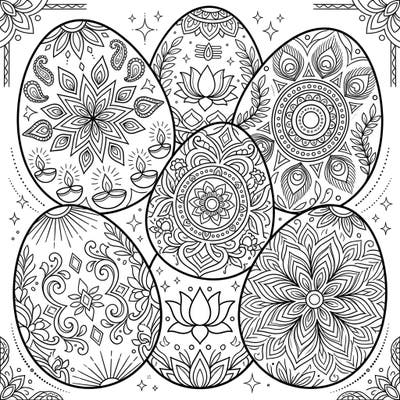 Dive into a festive fusion with our unique Diwali-inspired Easter eggs coloring page, bursting with intricate patterns. Unleash your creativity by coloring mandalas, diyas, and paisley designs in this joyous blend of cultures.