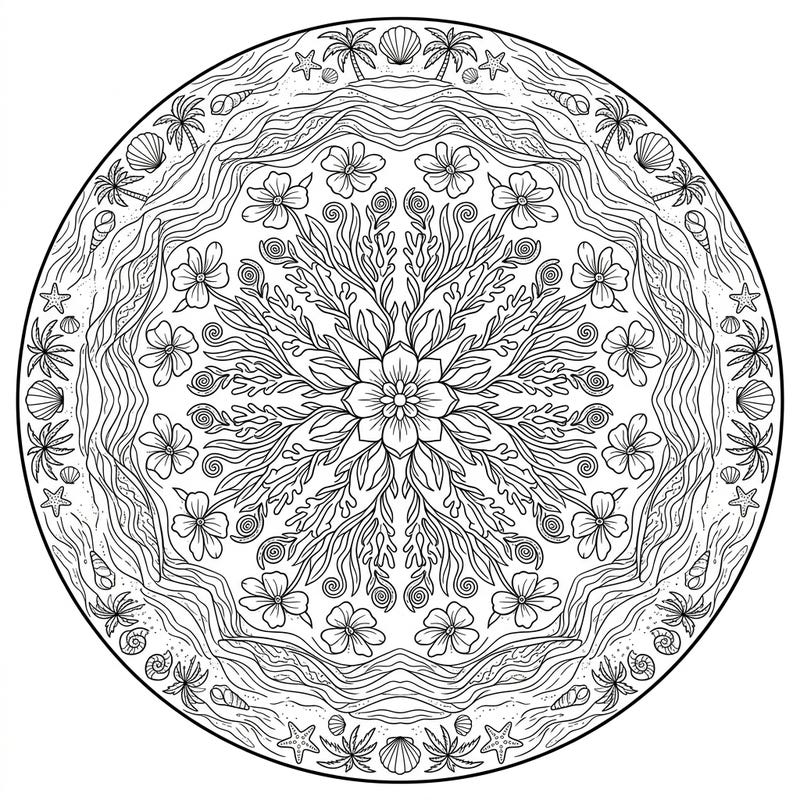 Embrace the fresh vibes of spring with this stunning beach-themed mandala coloring page. Discover a serene coastal scene intricately woven into a symmetrical design, inviting you to relax and create.