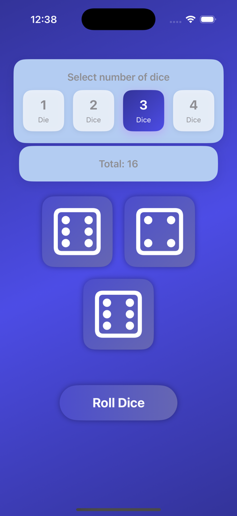 Interfaz de la aplicación Lanzamiento de Dados que muestra tres dados lanzados con una puntuación total de 16