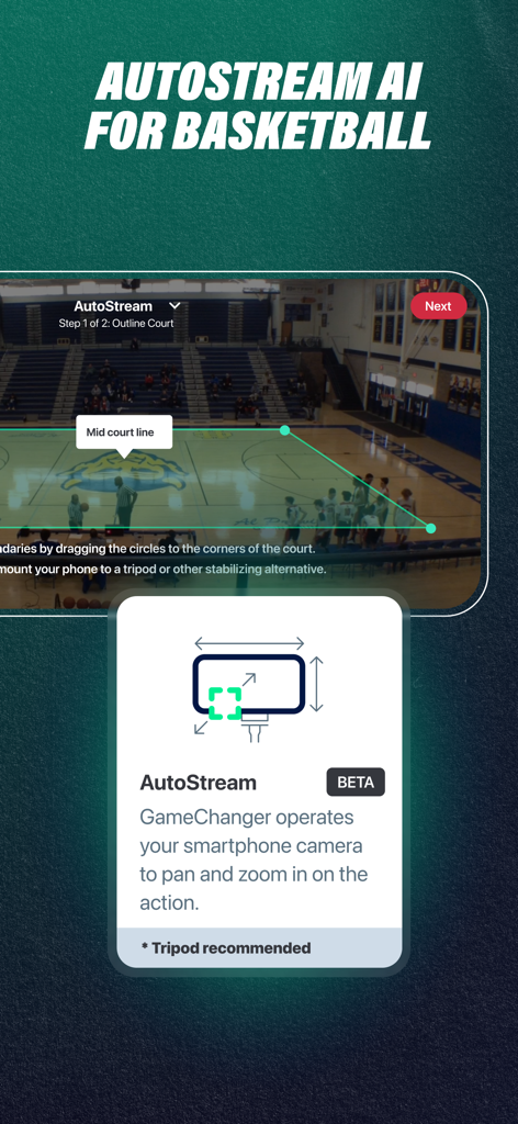 GameChanger app interface showing the AutoStream AI setup for basketball live streaming with court mapping