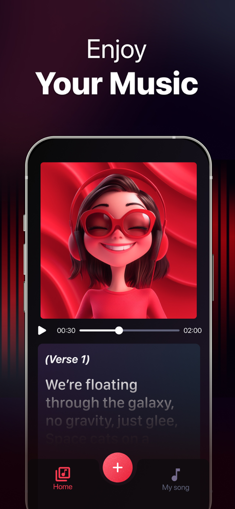 Eine mobile Benutzeroberfläche der App KI-Songgenerator, die einen Musikplayer mit einem Cartoon-Charakter-Avatar und Songtexten anzeigt.
