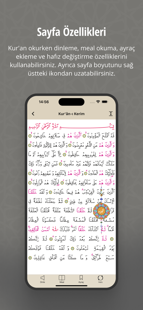 Kur'an - Pantalla de la aplicación móvil que muestra una página del Corán con funciones de audio y marcadores.
