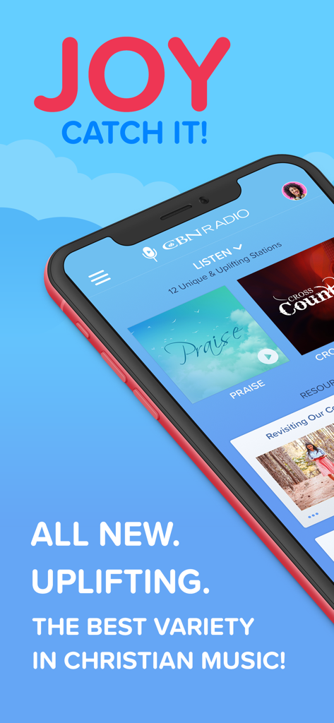 CBN Radio - Christian Music - CBN Radio mobile app interface showing a variety of Christian music stations