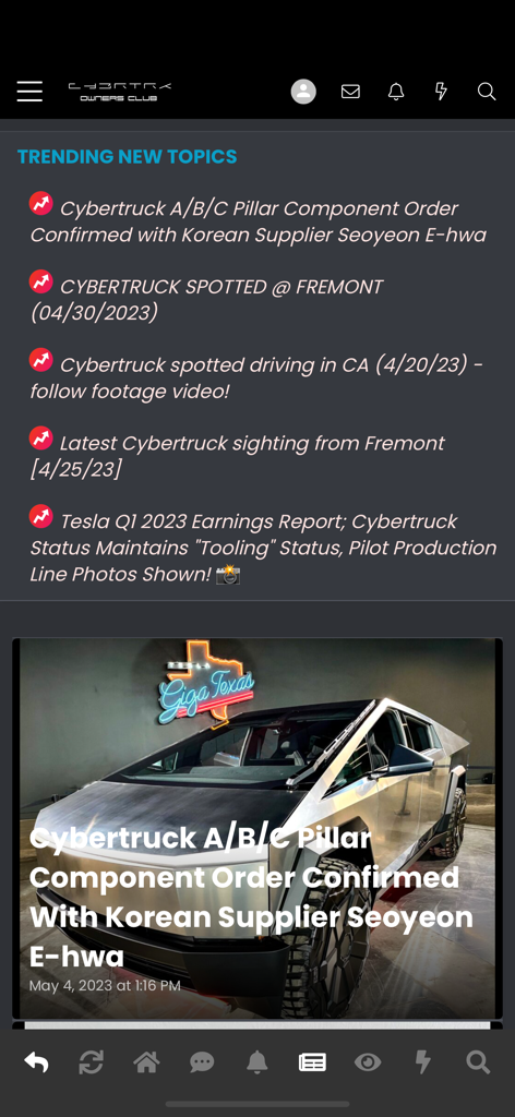 Cybertruck Owners Club - A interface de tópicos de notícias e fóruns em destaque do aplicativo móvel Cybertruck Owners Club
