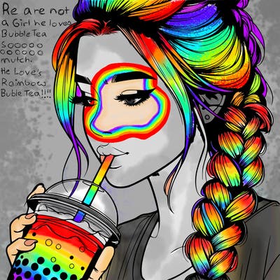 realistic girl drinking boba tea with braided hair