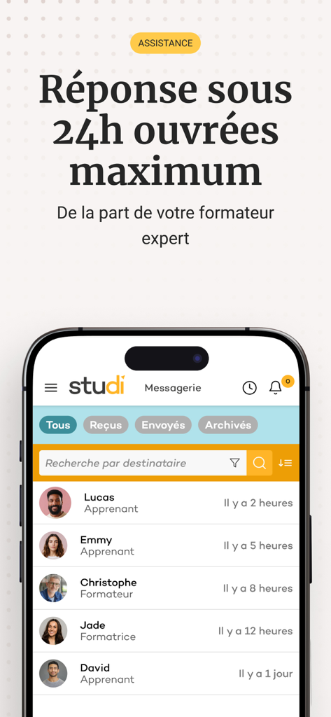 Studi - Comptalia - Interface de messagerie de l'application Studi montrant le soutien direct des formateurs experts et la collaboration des étudiants.