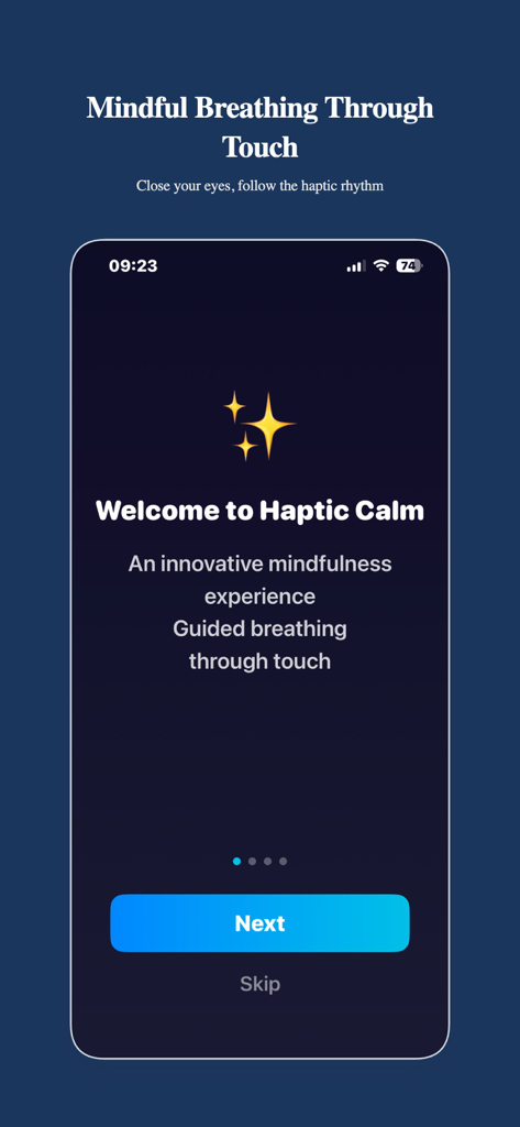 Welcome screen of the Haptic Calm app with the tagline Mindful Breathing Through Touch