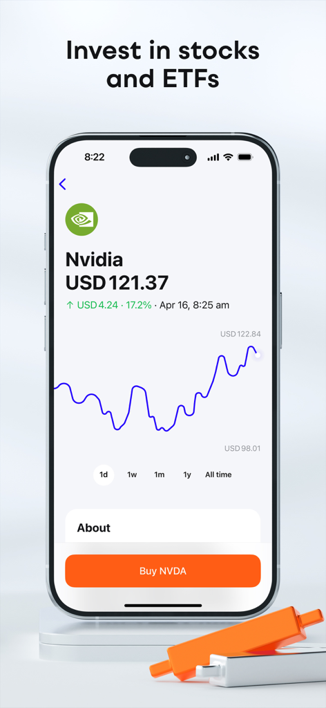 Plata Card app interface showing stock market investment features with a price chart for Nvidia