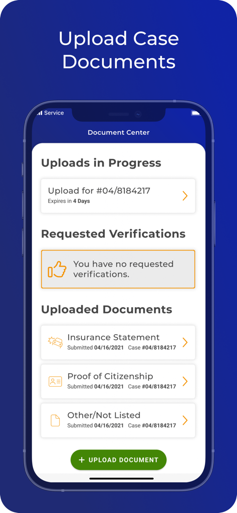 The Document Center screen in the myCOMPASS PA app where users can upload case documents and track verifications.