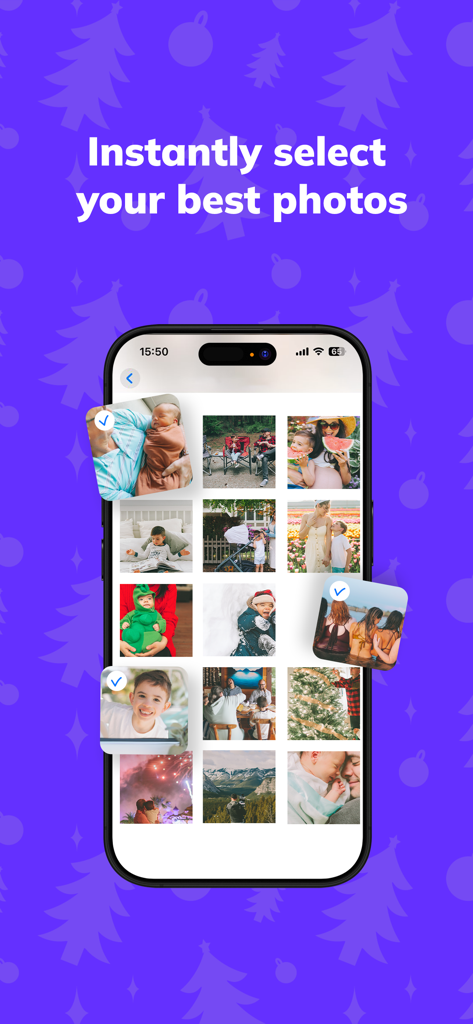 PastBook: 1-Click Photo Book - PastBook app interface showing automated selection of family and holiday photos on an iPhone