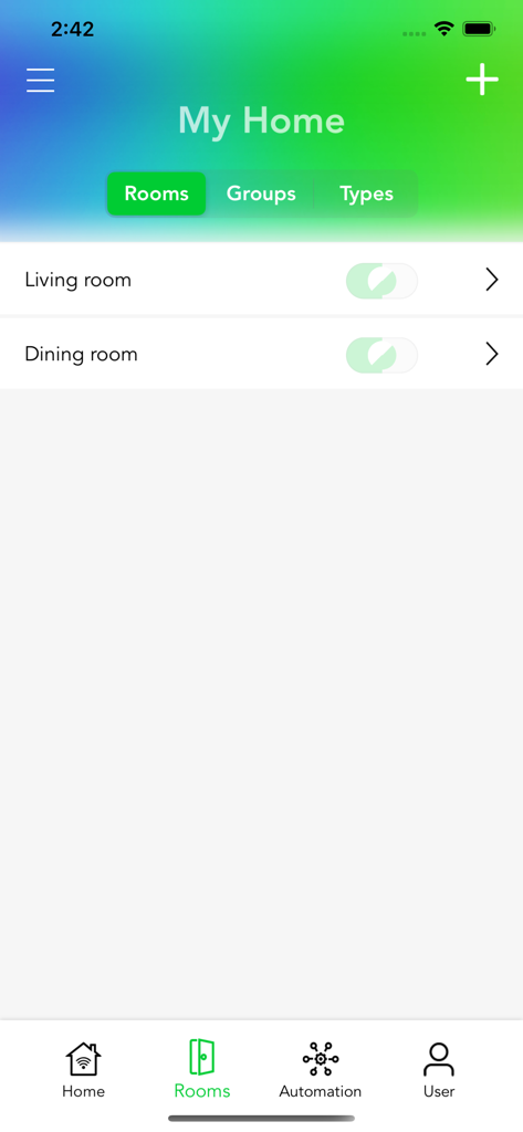 VOCOlinc app interface showing smart home room management and device toggles