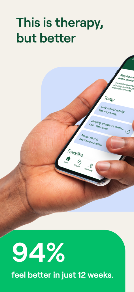 Meru Health - Mano sosteniendo un smartphone mostrando la interfaz de la app Meru Health con el texto Esto es terapia pero mejor y el 94 por ciento se siente mejor en solo 12 semanas