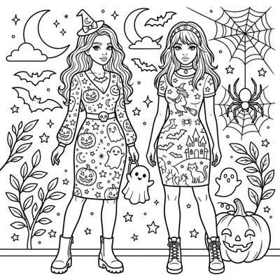 Dive into Halloween fashion with this fun coloring page featuring two girls in trendy bodycon dresses. Adorned with pumpkins, ghosts, and witches, these designs offer a stylish way to celebrate the spooky season.