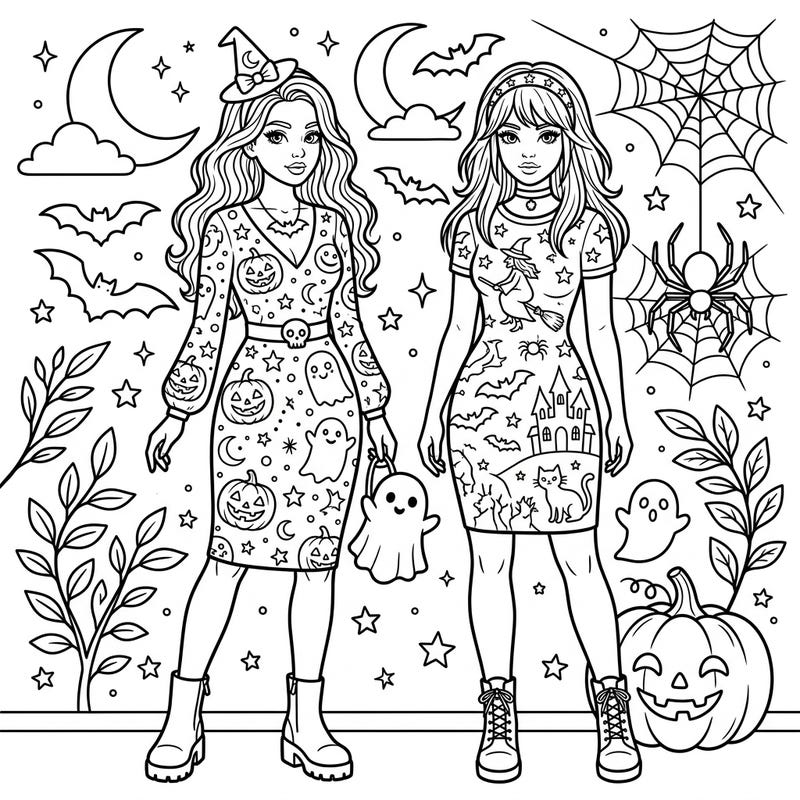 Dive into Halloween fashion with this fun coloring page featuring two girls in trendy bodycon dresses. Adorned with pumpkins, ghosts, and witches, these designs offer a stylish way to celebrate the spooky season.