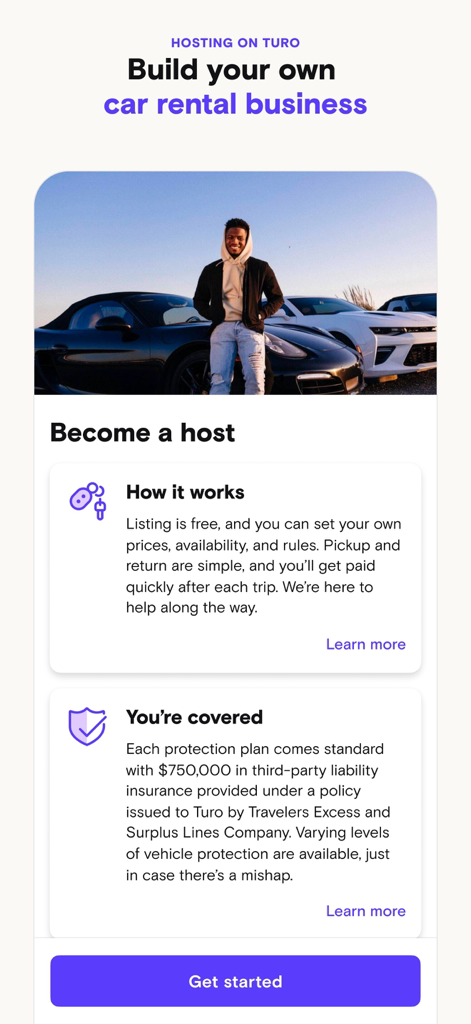 Turo app screen showing the become a host section to start a car rental business