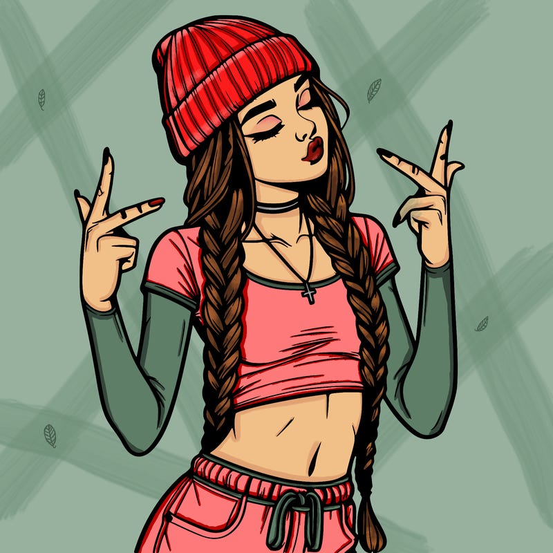 realistic teenage girl with braids and a beanie and crop top doing 🫶🏼