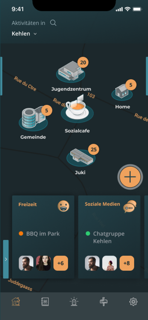 Closer app interface showing a digital world map with local activities and community hubs