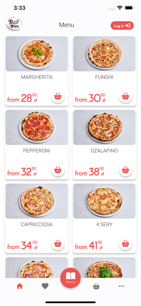 Pizza Bros Lublin - Pizza Bros Lublin mobile app menu screen showing pizza options and prices