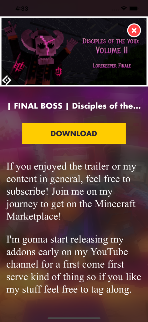 Morph Addons For Minecraft - Pantalla de descarga para el mod del jefe final Disciples of the Void en la aplicación Mods de Morfosis para Minecraft