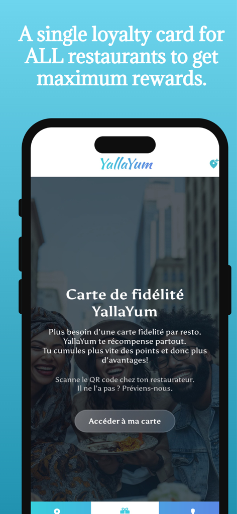 Interfaz de la aplicación móvil Yalla Yum que muestra una función universal de tarjeta de fidelización para ganar recompensas en varios restaurantes halal