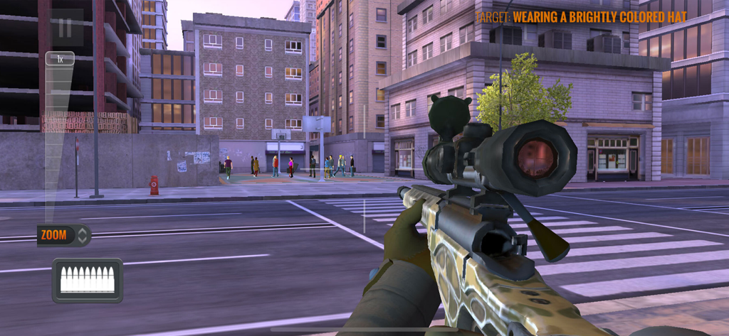 First person view of a sniper rifle aiming at targets in a city street