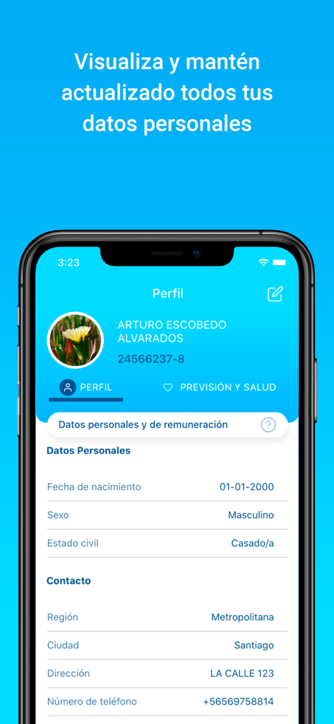 Rex+ - Pantalla de perfil de empleado en la aplicación móvil Rex plus HR que muestra información personal y de contacto