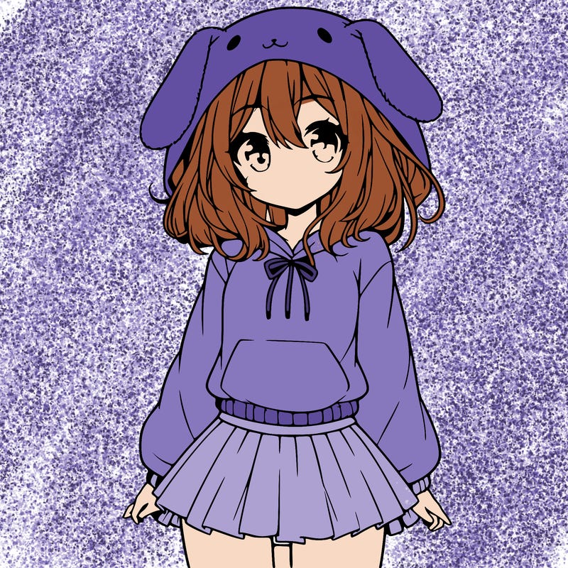pretty anime girl wearing a fluffy hoodie with bunny ears on the hood and a skirt