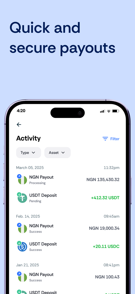 Xebar: Crypto to Cash in 60s - Transaktionsverlauf in der Xebar-App, der Krypto-Einlagen und Naira-Auszahlungen anzeigt