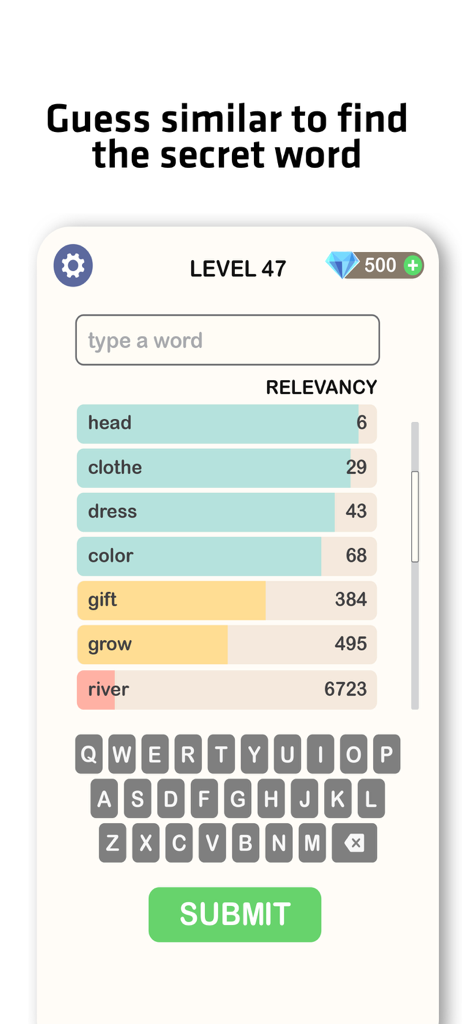 Contexto Word Guess gameplay screen showing word relevancy rankings and semantic puzzle interface