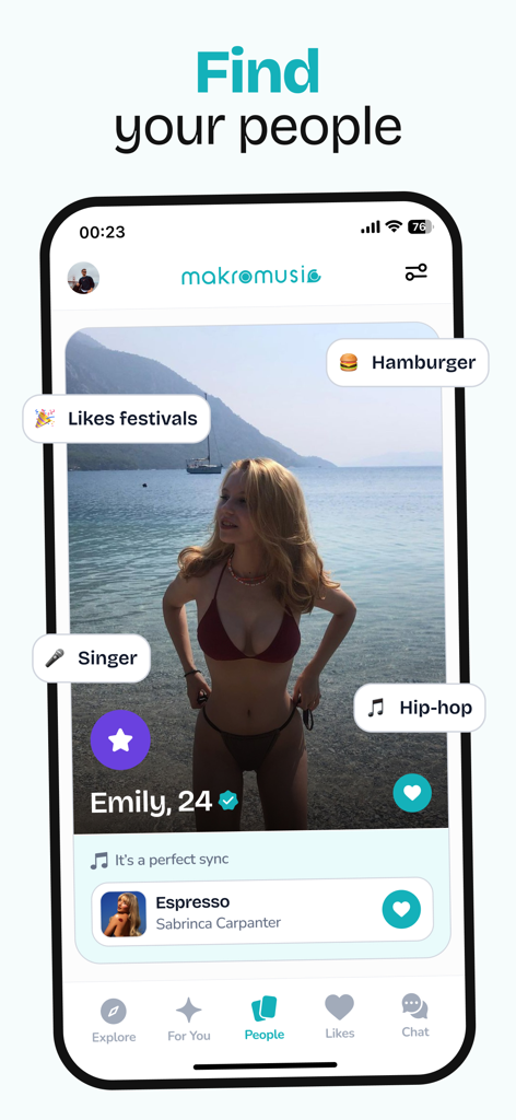 makromusic Dating for Spotify - makromusic app interface showing a dating profile with music interests and a synchronized Spotify song