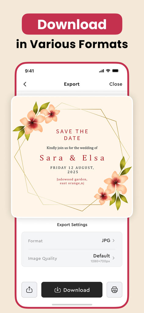 Wedding Invitation Maker RSVP - Mobile app interface showing export settings and download options for a floral Save the Date invitation card