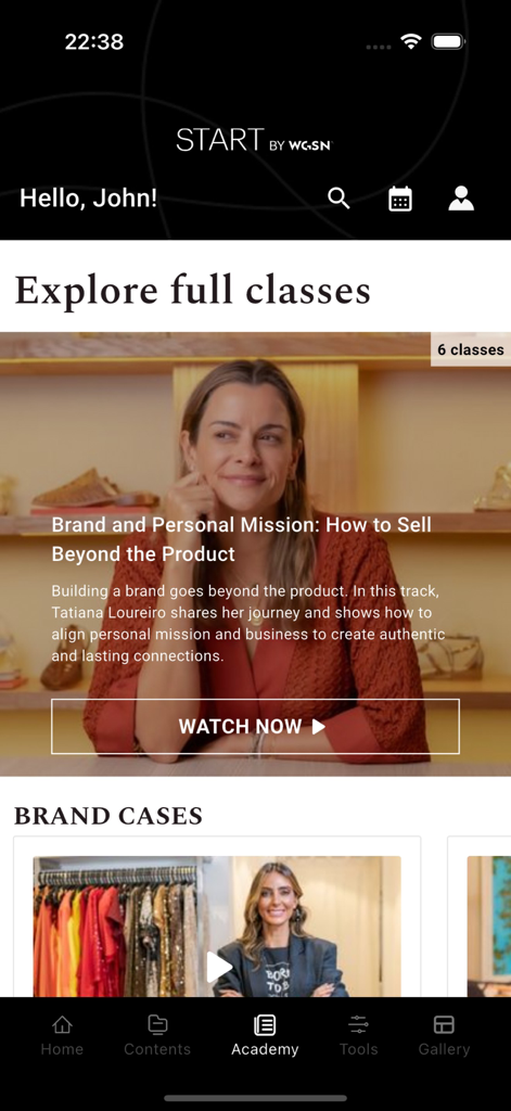 START by WGSN - Academy section of the START by WGSN app featuring fashion business classes and brand case studies for entrepreneurs.