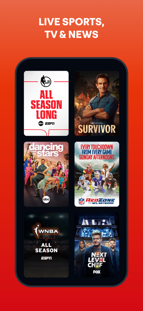 Fuboアプリのインターフェースに、ライブスポーツと人気のエンターテイメントテレビ番組のセレクションが表示されています。