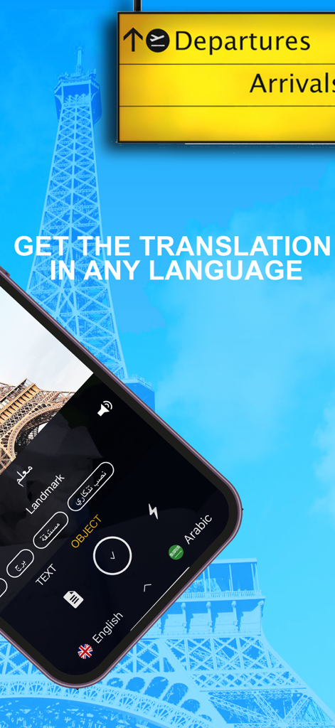 A smartphone using the Snap Translator app to identify and translate the Eiffel Tower landmark