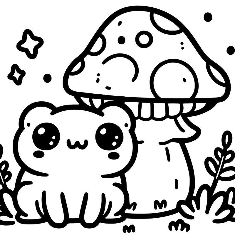 kawaii frog next to mushroom