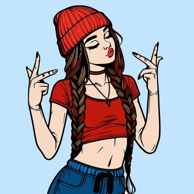 realistic teenage girl with braids and a beanie and crop top doing 🫶🏼