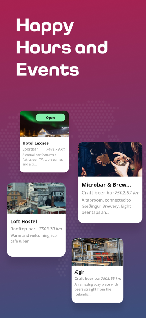 Barhopp - Happy Hour & Events - Elenco di bar ed eventi a Reykjavik visualizzato sull'interfaccia dell'app mobile Barhopp.
