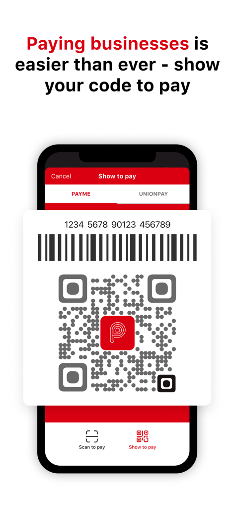 Smartphone screen displaying a PayMe by HSBC QR code and barcode for business payments