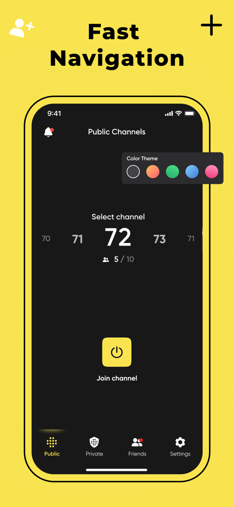 Interface of the Walkie-Talkie app showing public channel selection with color theme options