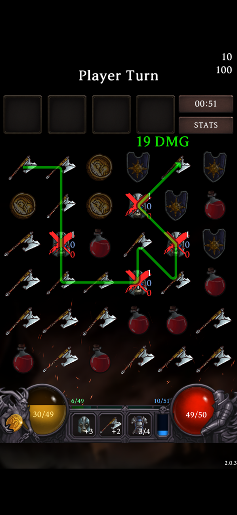 Screenshot of Dungeon Tracer gameplay showing a tactical path drawn through weapon tiles to attack monsters in a puzzle grid.