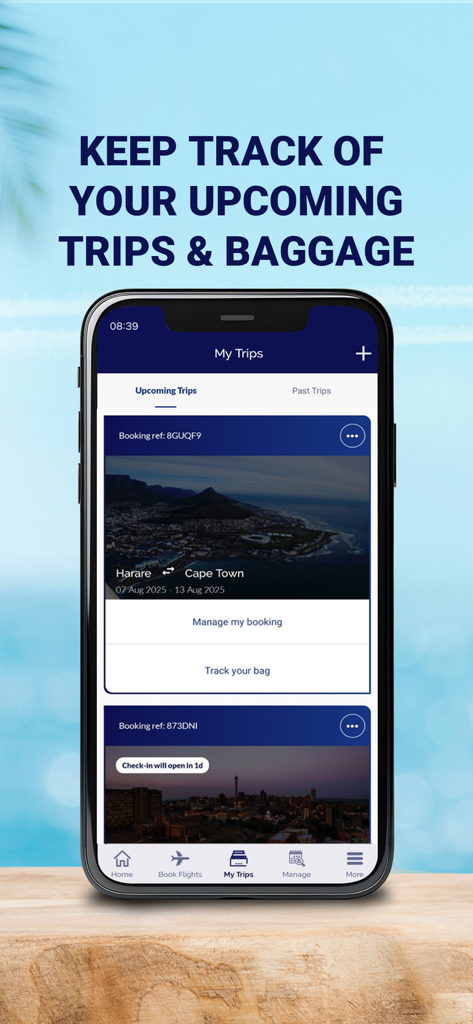 South African Airways - Smartphone displaying the South African Airways app My Trips screen with flight booking and baggage tracking features