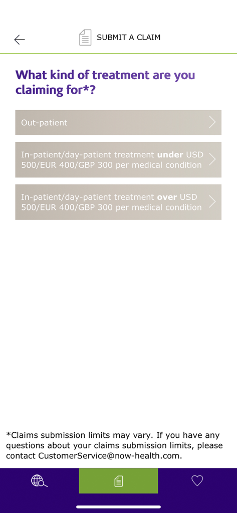 Now Health International app screen for selecting treatment type for a claim