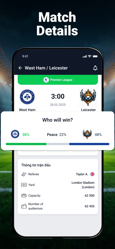 Football Live Score & Stats - Mobile app screen displaying football match details and win probability predictions.