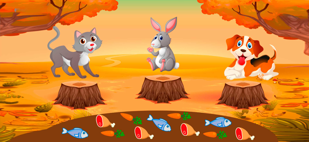 Cartoon cat, rabbit, and dog standing on tree stumps in an autumn forest with various food items to sort.