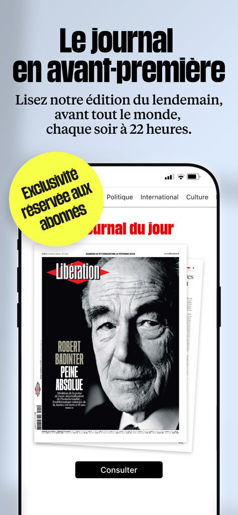 Tela do aplicativo Libération mostrando acesso antecipado ao jornal digital diário para assinantes.