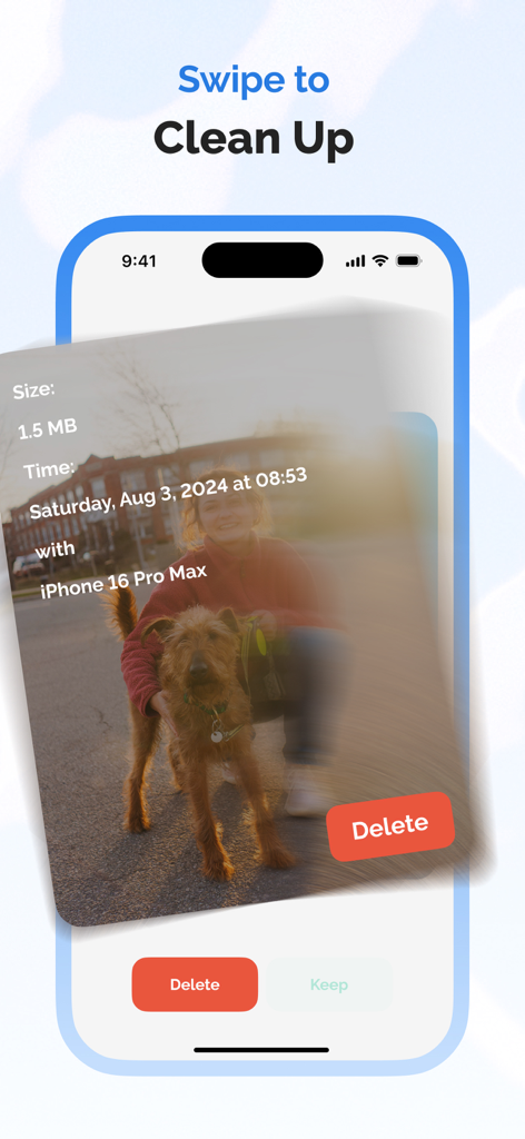 A mobile phone screenshot showing the swipe to clean up feature in the Tidy Up app with a delete button over a photo