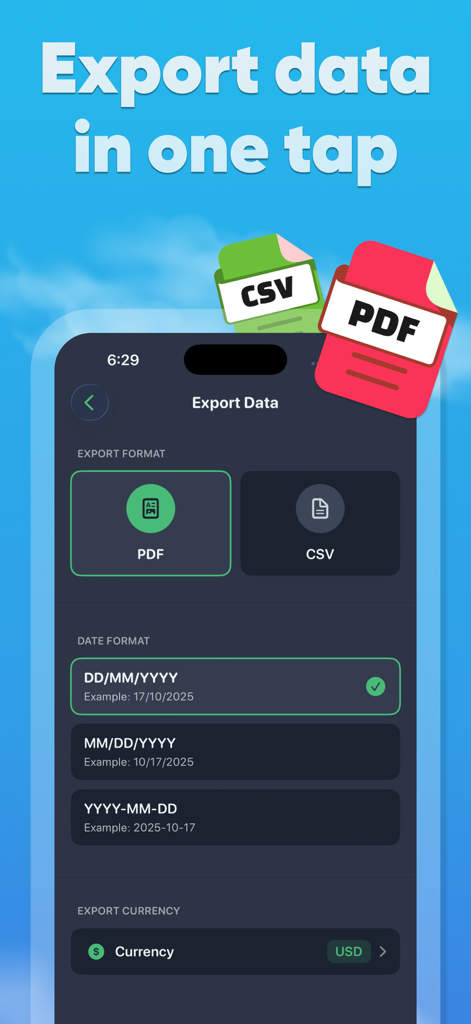 Interfaccia dell'app TripBudgy che mostra opzioni per esportare i dati delle spese di viaggio in formati PDF o CSV