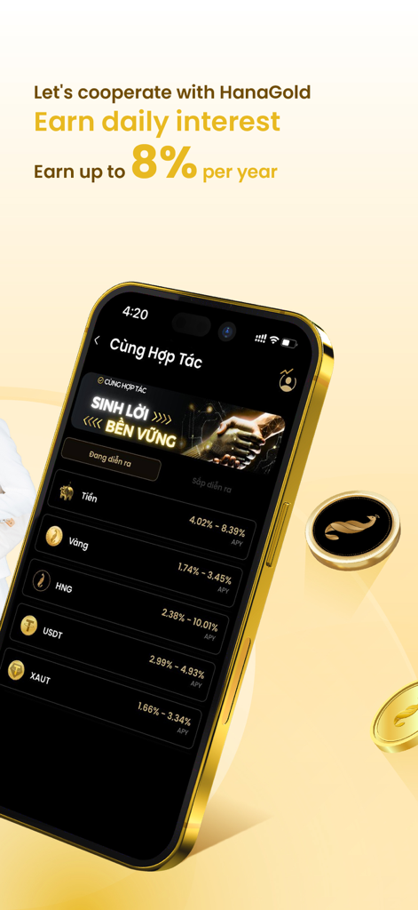 Smartphone screen showing HanaGold investment options with annual percentage yields